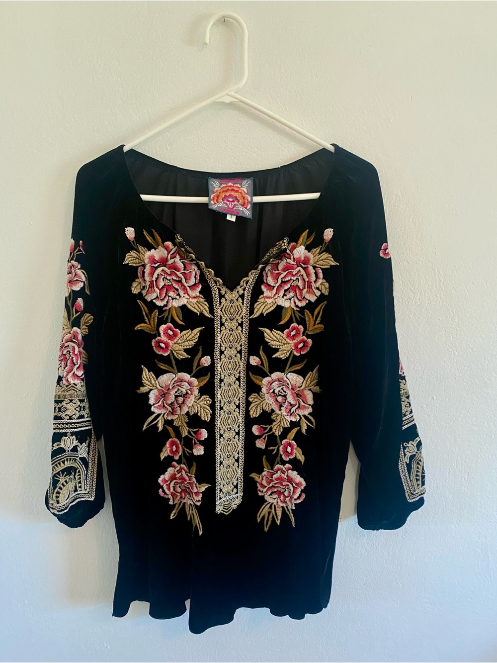 Johnny Was Black Silk-Blend Velvet Embroidered Blouse - Picture 3 of 12